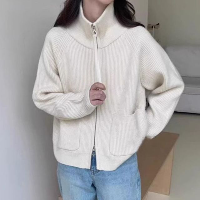 Stand Collar Zip-Up Plain Cardigan