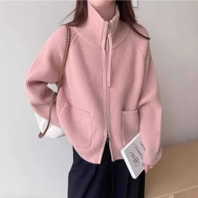 Stand Collar Zip-Up Plain Cardigan