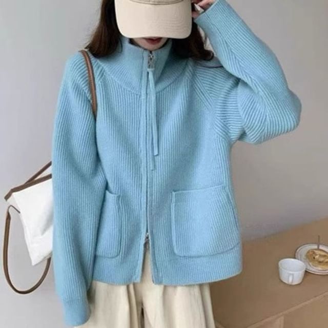 Stand Collar Zip-Up Plain Cardigan
