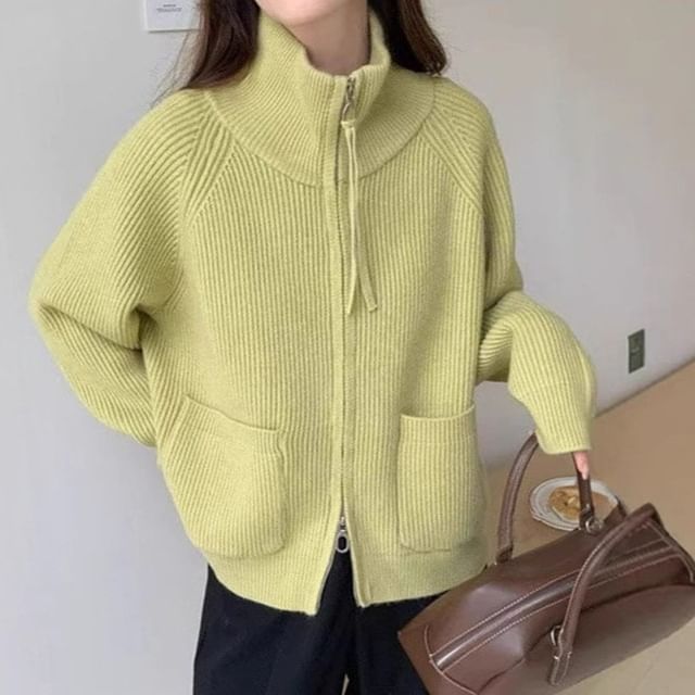 Stand Collar Zip-Up Plain Cardigan