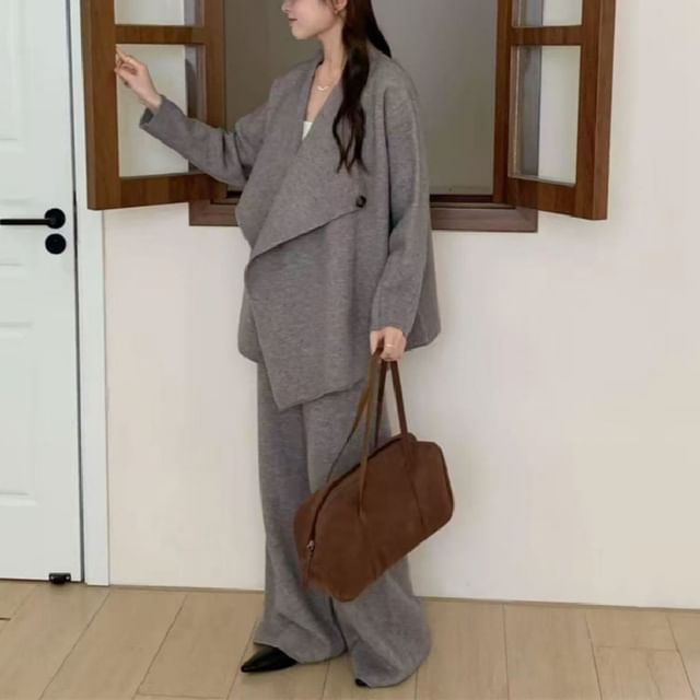 Set: Waterfall Collar Plain Cardigan + High Waist Wide Leg Pants