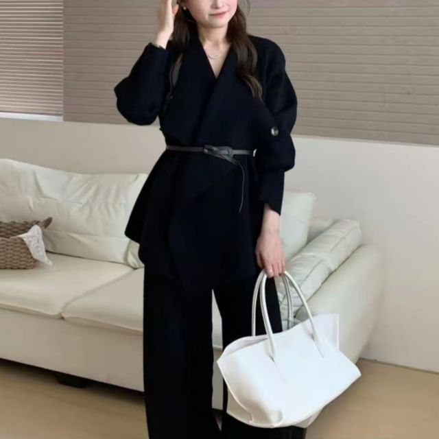 Set: Waterfall Collar Plain Cardigan + High Waist Wide Leg Pants