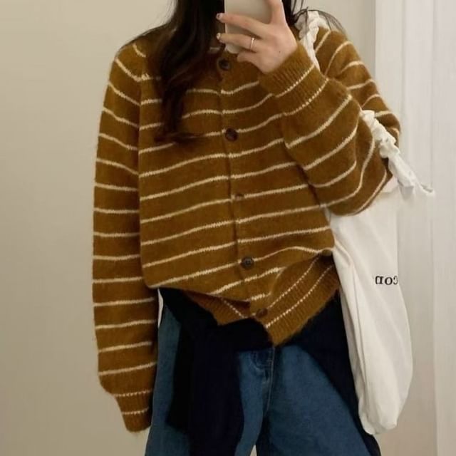 Crew Neck Striped Button-Up Cardigan