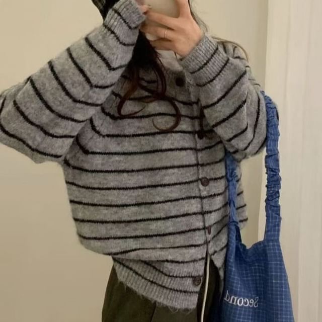 Crew Neck Striped Button-Up Cardigan