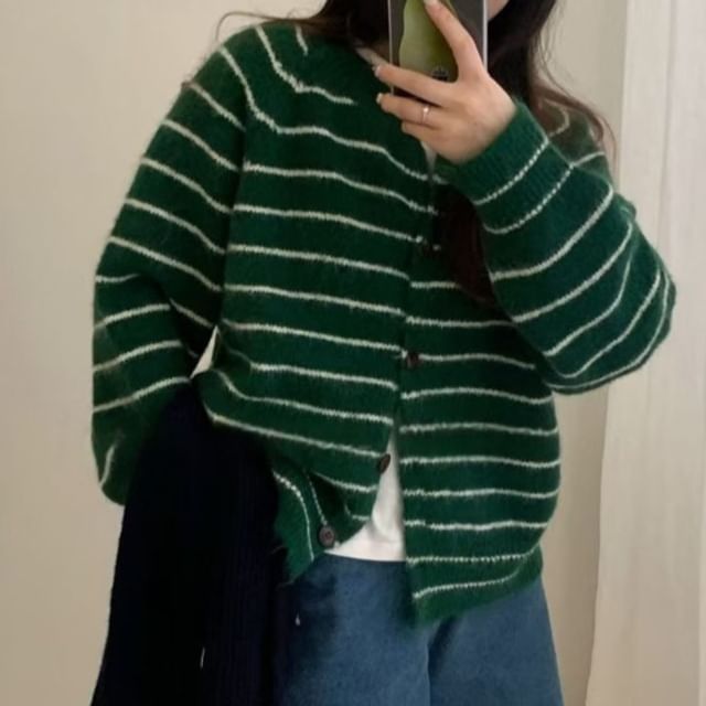 Crew Neck Striped Button-Up Cardigan