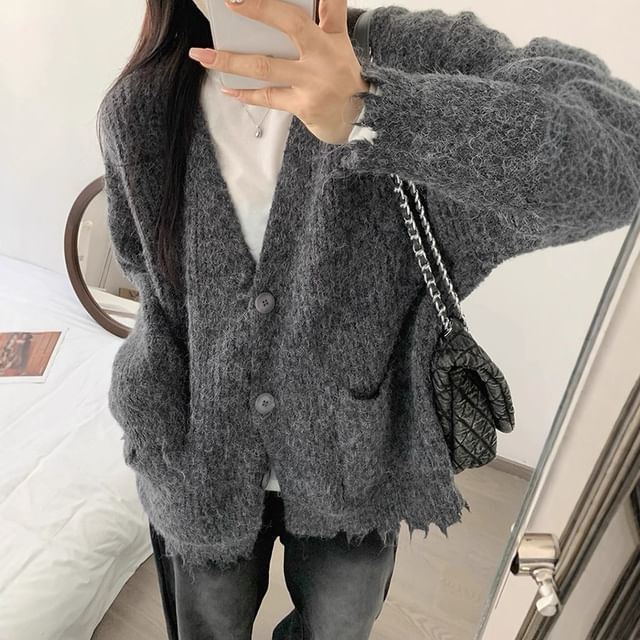 V-Neck Frayed Button-Up Plain Cardigan