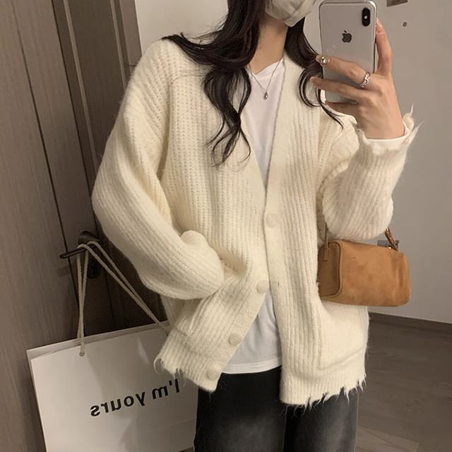V-Neck Frayed Button-Up Plain Cardigan