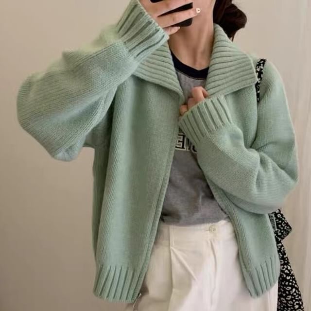 Collared Zip-Up Plain Cardigan