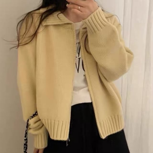 Collared Zip-Up Plain Cardigan
