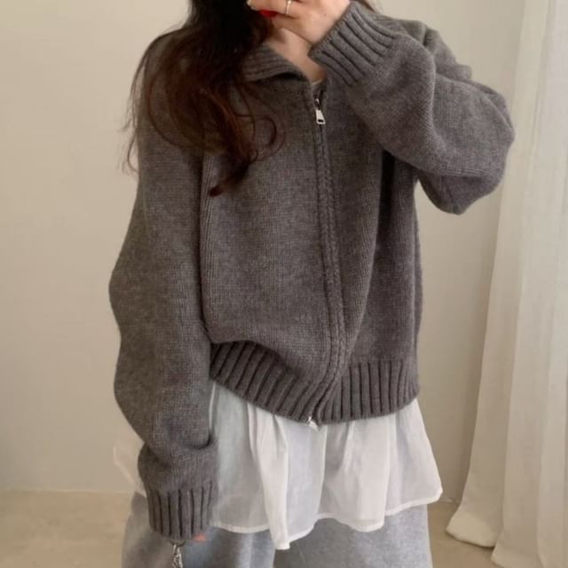 Collared Zip-Up Plain Cardigan