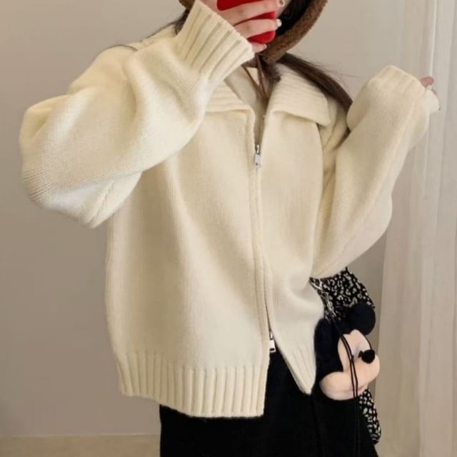 Collared Zip-Up Plain Cardigan