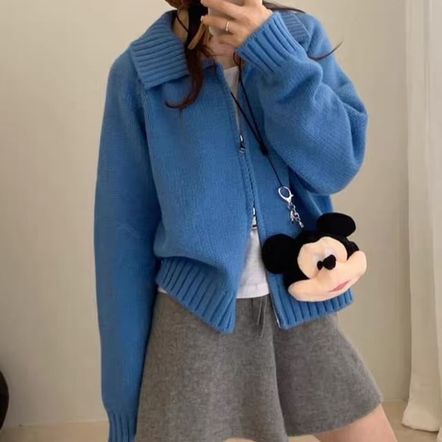 Collared Zip-Up Plain Cardigan