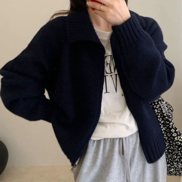 Collared Zip-Up Plain Cardigan