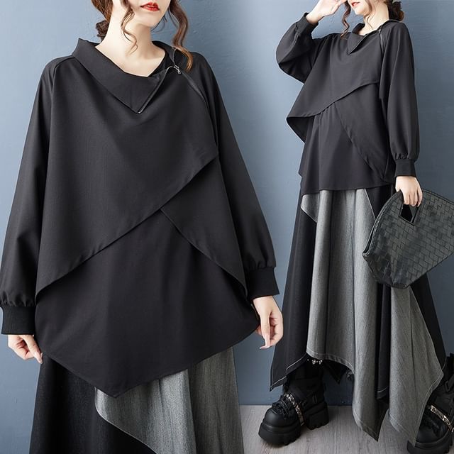 Long-Sleeve Asymmetrical Zip Blouse & High Waist Paneled Midi A-Line Skirt