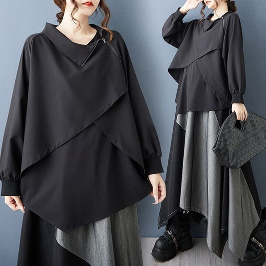 Long-Sleeve Asymmetrical Zip Blouse & High Waist Paneled Midi A-Line Skirt