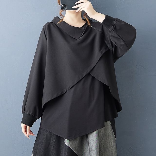 Long-Sleeve Asymmetrical Zip Blouse & High Waist Paneled Midi A-Line Skirt