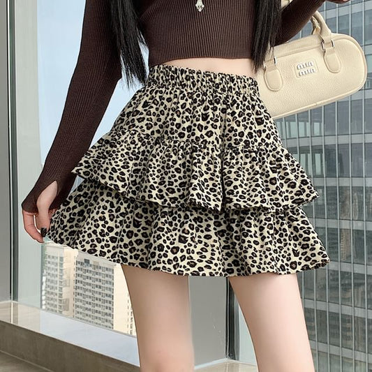 Leopard Print Tiered Mini A-Line Skirt