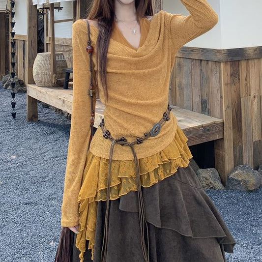 Cowl Neck Crop Top, Halter Lace Top, Midi Skirt & Belt Set