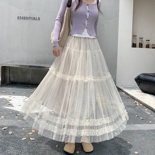 Frill Trim Mesh Maxi A-Line Skirt