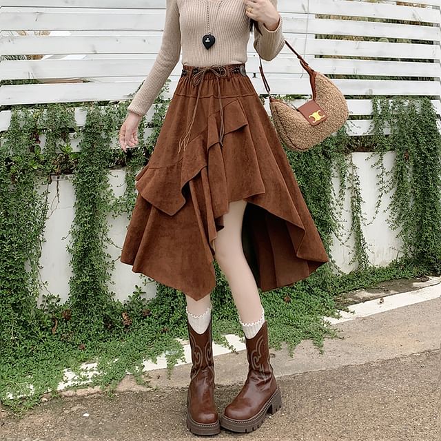 High Rise Asymmetrical Ruffle Trim Faux Suede A-Line Skirt