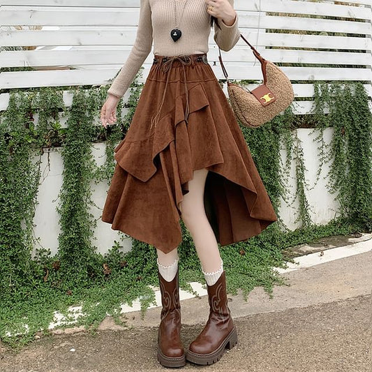 High Rise Asymmetrical Ruffle Trim Faux Suede A-Line Skirt