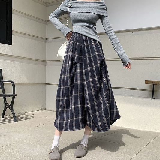 Plaid Asymmetrical Midi A-Line Skirt