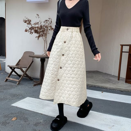 Quilted Button-Up Midi A-Line Skirt
