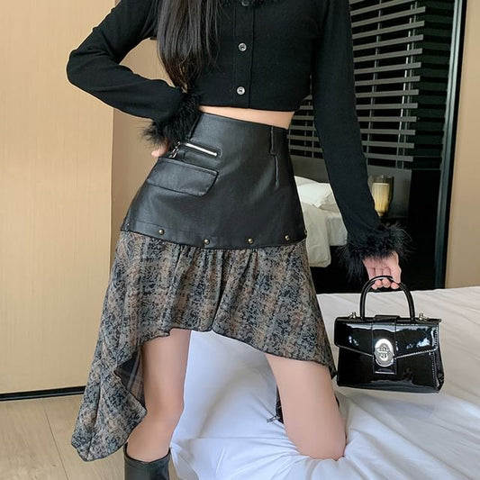 Asymmetrical Plaid Panel Studded Faux Leather Mini Skirt