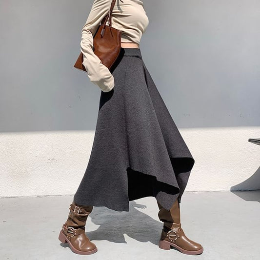 High Waist Asymmetrical Knit Midi A-Line Skirt