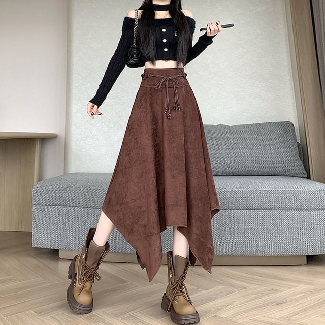 Asymmetrical Faux Suede Midi A-Line Skirt