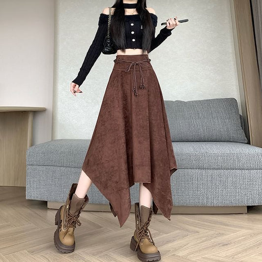 Asymmetrical Faux Suede Midi A-Line Skirt