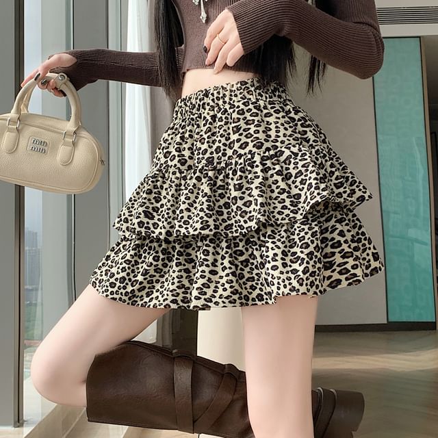 Leopard Print Tiered Mini A-Line Skirt