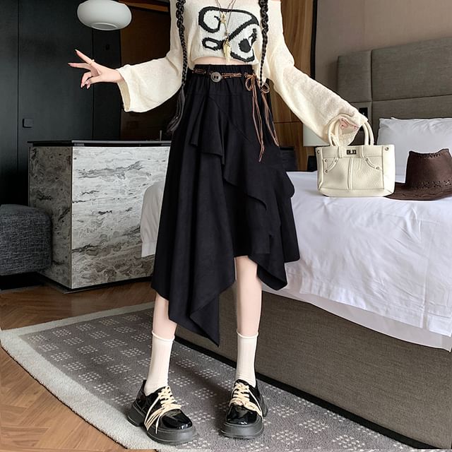 High Rise Asymmetrical Ruffle Trim Faux Suede A-Line Skirt