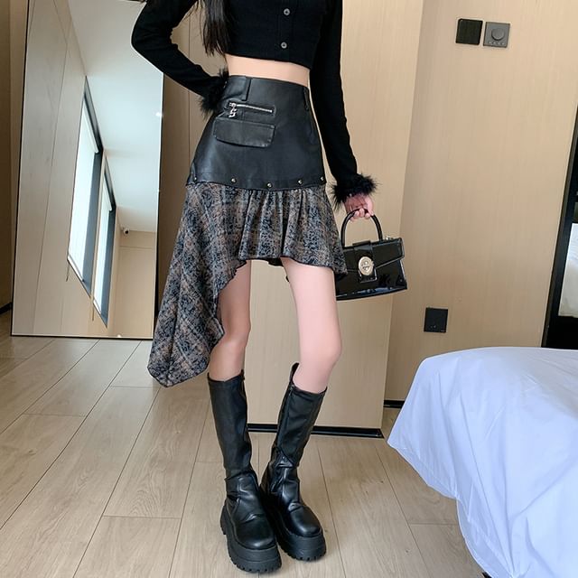 Asymmetrical Plaid Panel Studded Faux Leather Mini Skirt