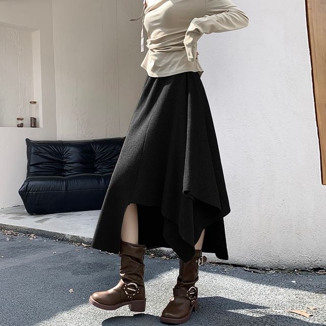 High Waist Asymmetrical Knit Midi A-Line Skirt