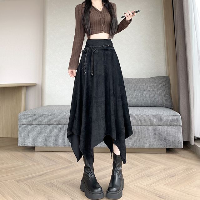 Asymmetrical Faux Suede Midi A-Line Skirt