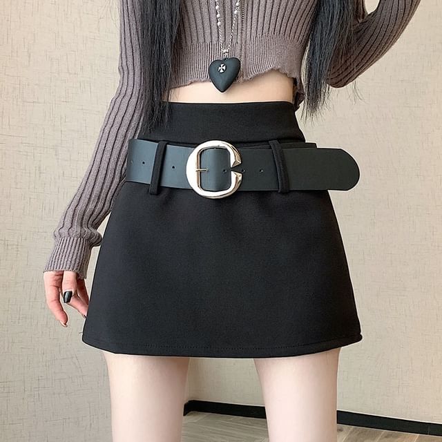 High Waist Thick Belt Detail Mini A-Line Skirt