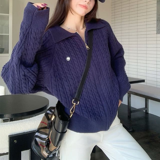 Collared Plain Cable Knit Zip Cardigan