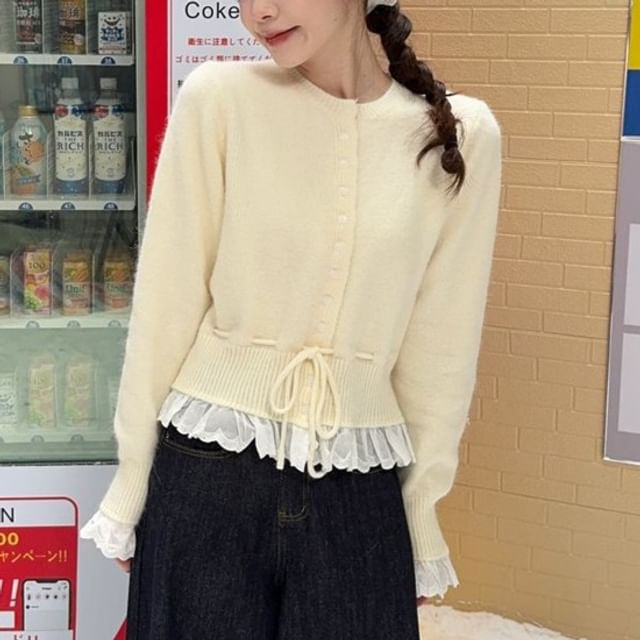 Round Neck Ruffle Panel Drawstring Cardigan