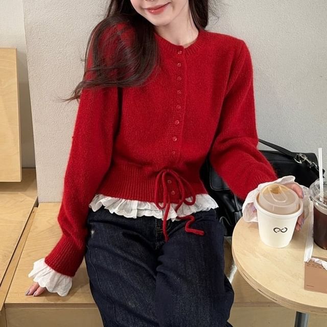 Round Neck Ruffle Panel Drawstring Cardigan