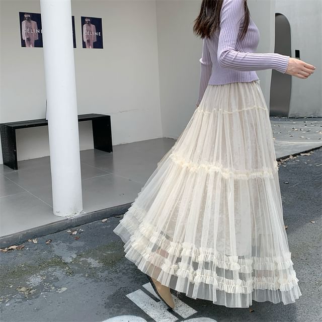 Frill Trim Mesh Maxi A-Line Skirt