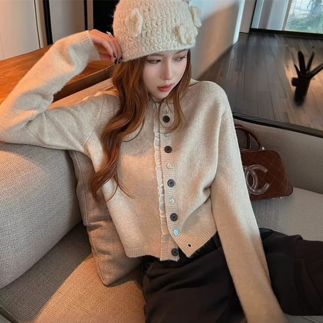 Crew Neck Frill Trim Button-Up Crop Cardigan