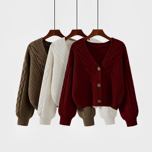 V-Neck Button-Up Plain Cable Knit Crop Cardigan