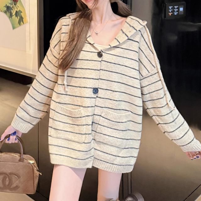Striped Hooded Button-Up Cardigan