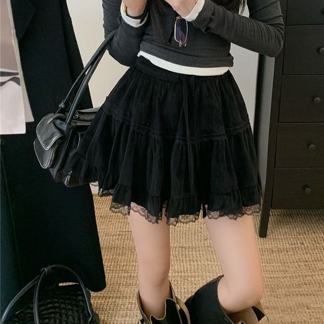 Drawstring Waist Plain Tiered Ruffle Trim Mini A-Line Skirt