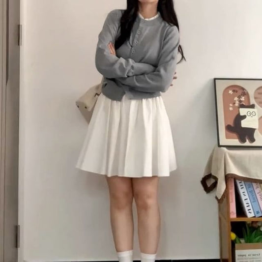 Button Up Cardigan & Mini Pleated Skirt Set