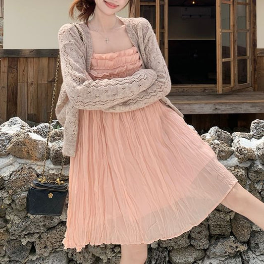 Plain Cardigan / Spaghetti Strap Sheer A-Line Dress