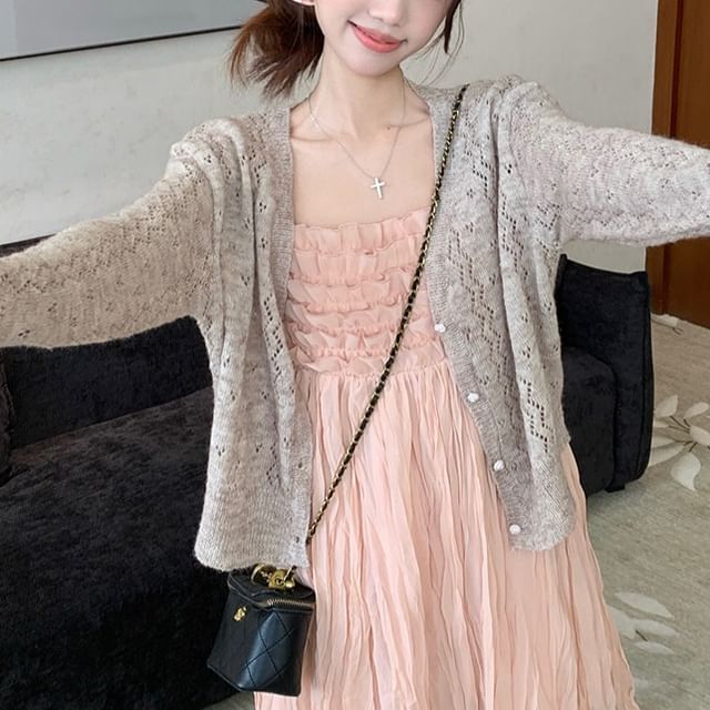 Plain Cardigan / Spaghetti Strap Sheer A-Line Dress