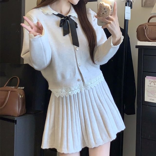 Set: Collared Button-Up Cardigan + Mini Pleated Skirt