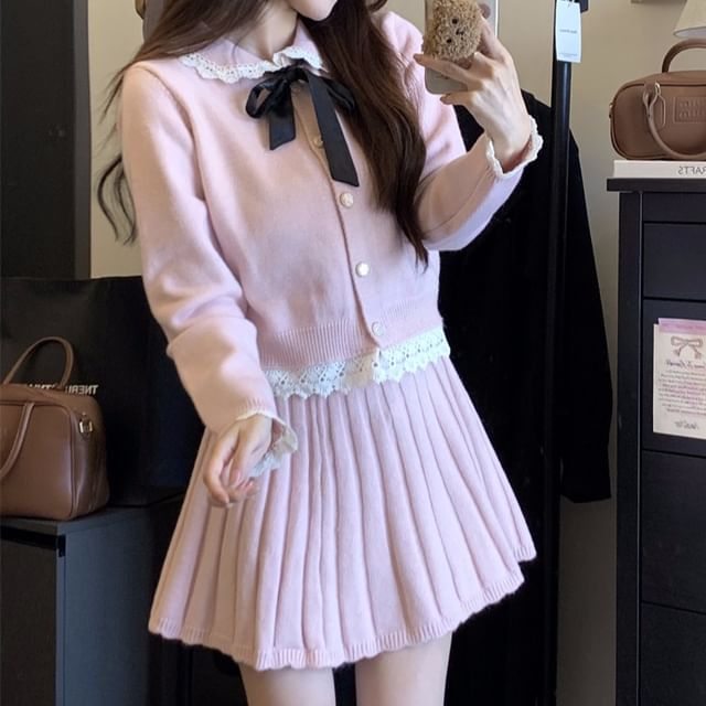 Set: Collared Button-Up Cardigan + Mini Pleated Skirt